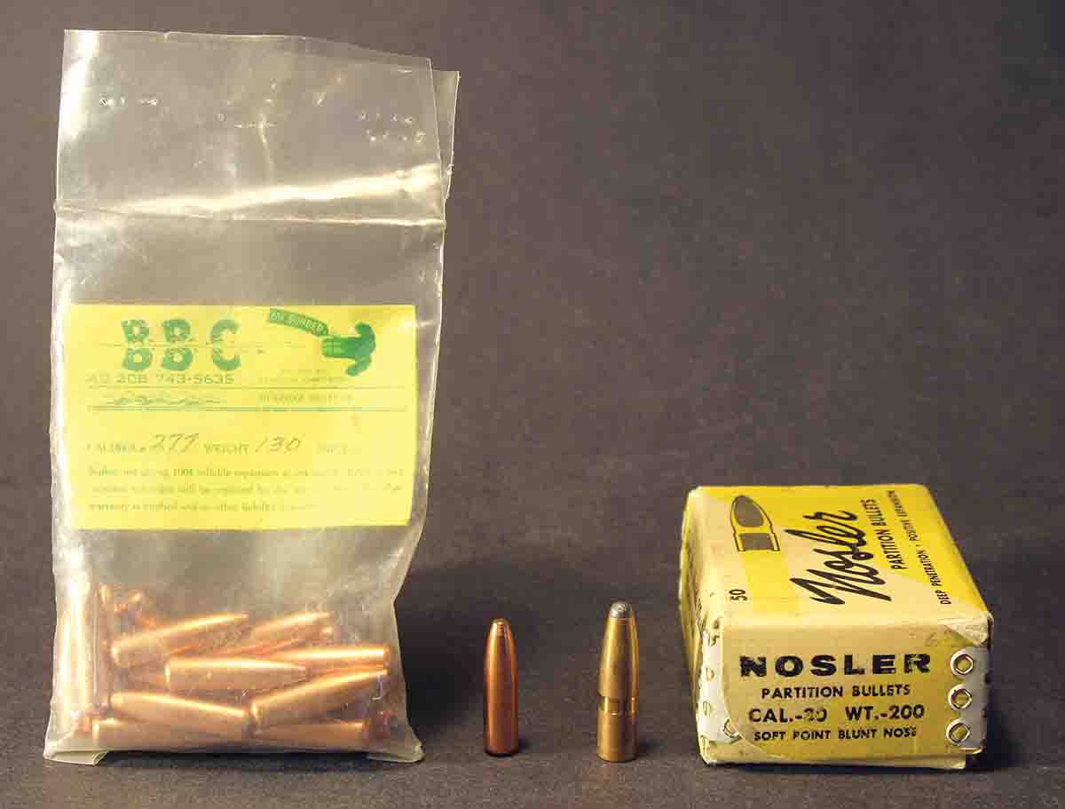 The two first “premium” big-game bullets made in America were the Bitterroot Bonded Core (left) and Nosler Partition, but they had relatively low ballistic coefficients due to blunt tips designed to allow more powder volume in magnum cartridges – the heavy Nosler was originally called “blunt nose” and later “semi-spitzer.”